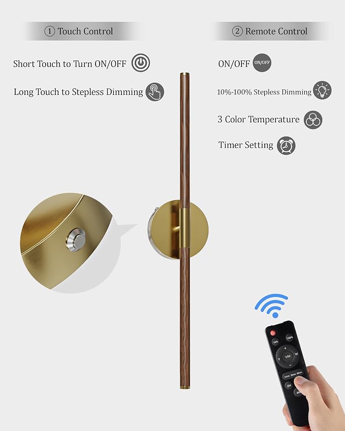 40" Battery Operated Wall Sconce Set of 2, 350° Rotating Lamp, Walnut Gold | Wireless, 8000mAh Rechargeable Battery, Stepless Dimming, 3000K-6000K, Remote & Touch Control, Timer, Living Room, Bedroom