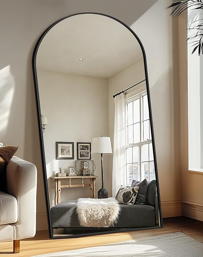 Arched Full Length Mirror with Stand, 70x35 Black Floor Mirror | Aluminium alloy frame with HD float glass for distortion-free reflection. Free standing or wall mounted.