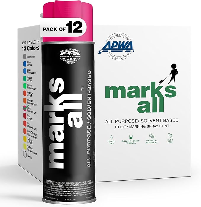 Fox Valley 18oz Marks All Solvent-Based Marking Paint Spray, 12-Pack Pink Fluorescent – Long-Lasting, Weather-Resistant Spray Paint for Wet or Dry Surfaces Like Metal, Grass, Concrete, Wood, & More