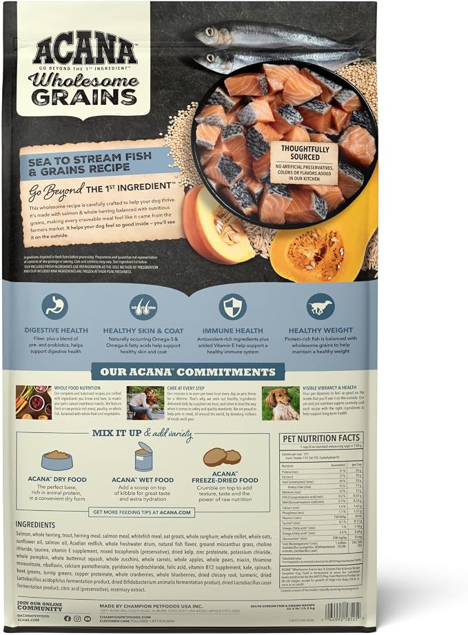 ACANA Wholesome Grains Dry Dog Food Sea to Stream Recipe 22.5lb Bag | High Protein, Made in the USA, Includes Probiotics, Wild-Caught Fish, Global Quality Ingredients
