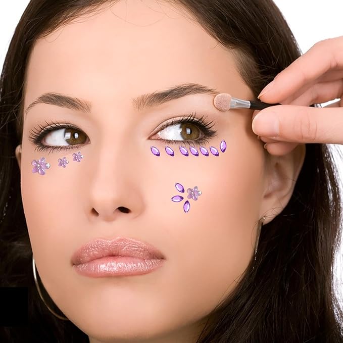 Purple Flower Face Tattoo Sticker - 172+pcs Summer Face Jewelry for Girls- Self-Adhesive Rhinestones for Eyes, Face, Nail Body – Festival Halloween Christmas Cosplay Makeup Decoration (purple)