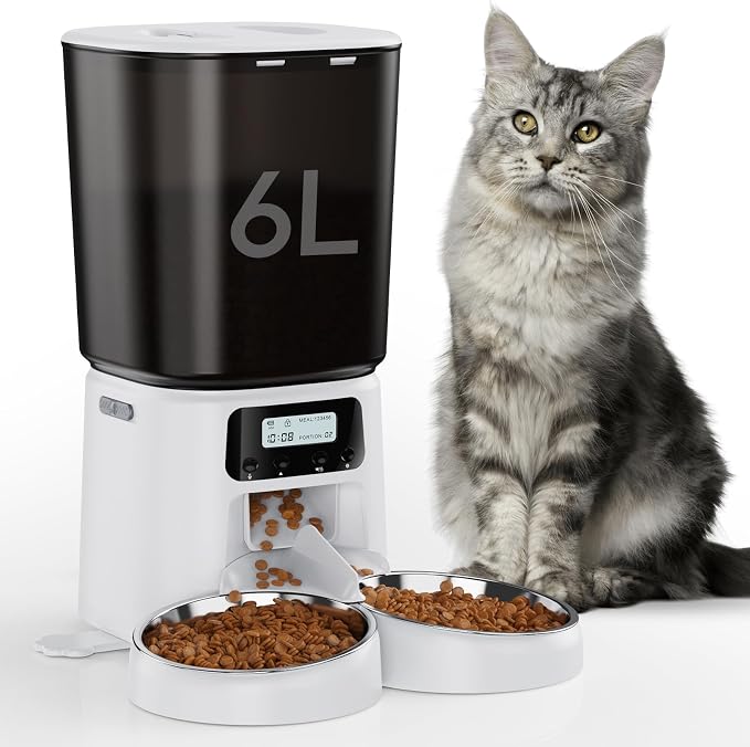 Petrice Automatic Cat Feeder for 2 Cats, 6L/25 Cups Cat Food Dispenser Programmable 30 Portions 6 Meals per Day, Timed Pet Feeder for Kitty Small Dogs with 10S Voice Record, Easy Setup, White