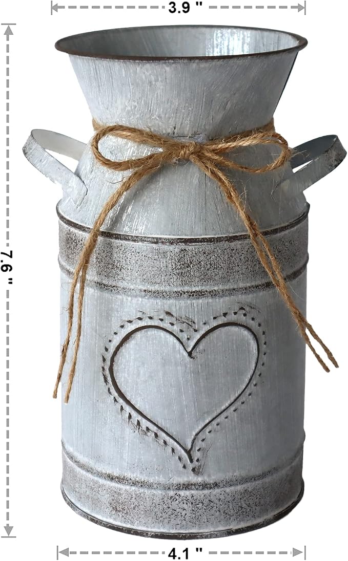 Galvanized Milk Can Antique Retro Vase Metal Planter Rustic Vintage Primitive Flower Holder Farmhouse Country Plant for Home Office Decor, 7.6”