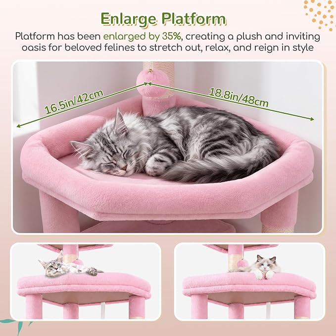 Globlazer Extra Large Platform Cat Tree, 65in Sturdy Cat Scratching Tree for Indoor Cats Large Adult, Big Cat Perch Tower with 3 Padded Perches, 6 Scratching Posts, Cat Condo, Hammock, S65, Pink