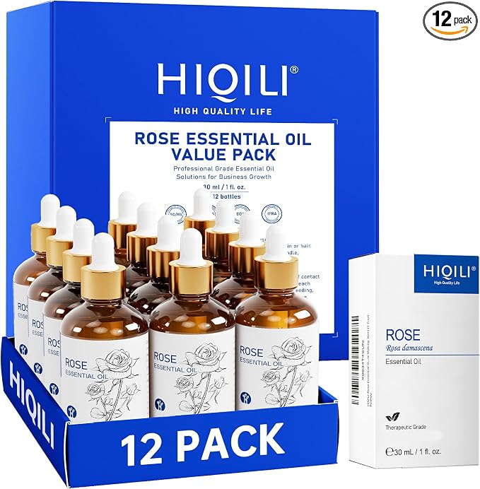 HIQILI Rose Essential Oil Set – 1 fl oz (12 Pack), with Stable Quality, Bulk Pack for Business Purchase, Ideal for Skin Care, SPA, Hotels, DIY Studios, Holiday Gifts & Home Use