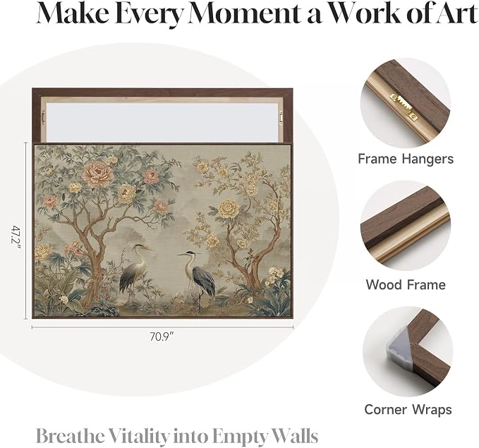Extra Large Framed Chinoiserie Wall Art for Living Room, Oversized Vintage Floral Neutral Artwork for Walls, Horizontal Asian Flower Canvas Prints Office Dining Room Hallway Wall Decor, 72x48 Inch