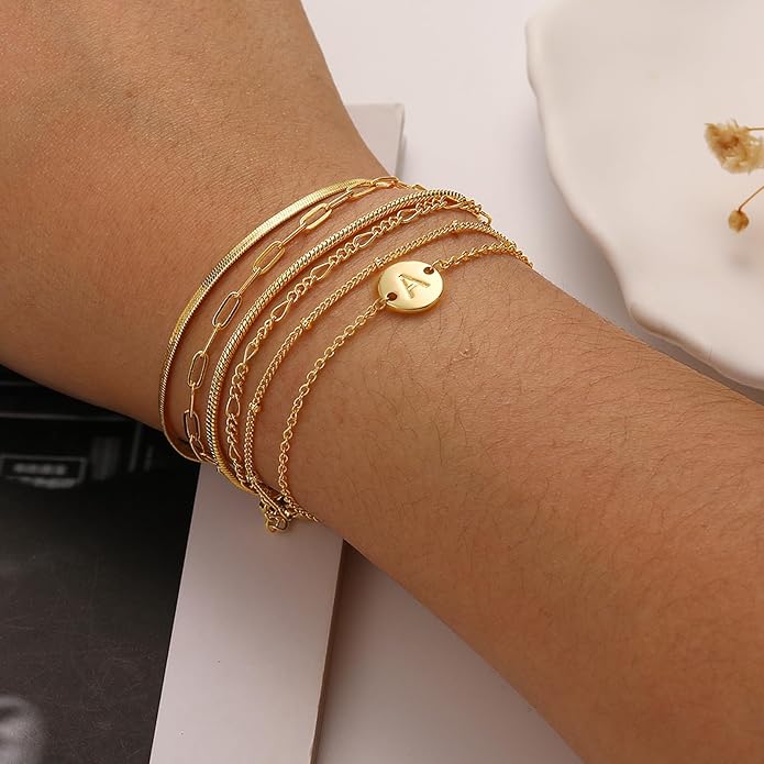 Bracelets for Women, 14K Gold Plated 6PCS Letter A-Z Stackable Jewelry Set for Adjustable 6"+2"