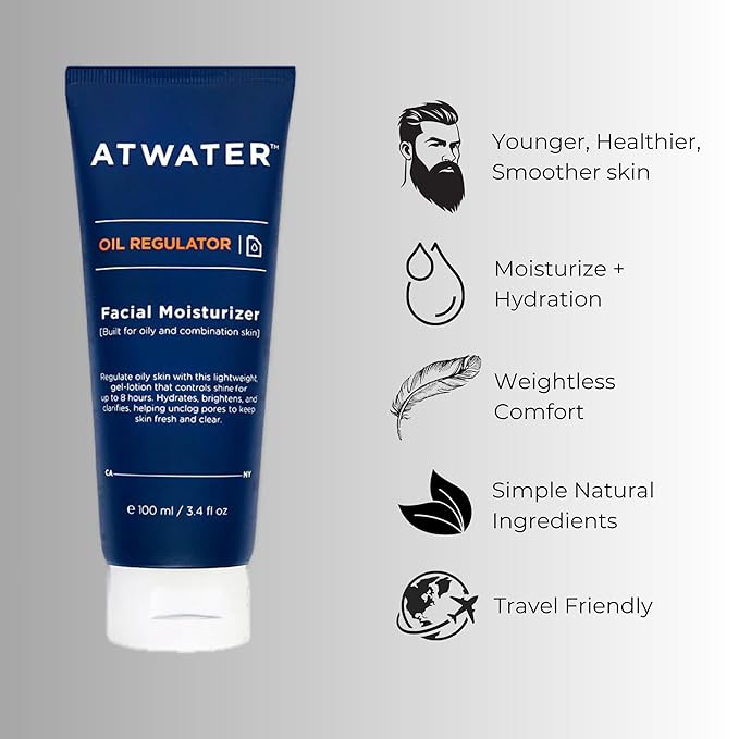 ATWATER Oil Regulator Men's Face Moisturizer, Oil Control Complex with Salicylic Acid and Niacinamide, Lightweight Unscented Formula for Oily Skin - 3.4 oz