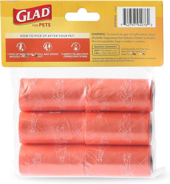 Glad for Pets Scented Dog Poop Bags, Tropical Breeze Scent, 90 Count | Leak-resistant, heavy duty, tear-resistant bags with fun print design, fits standard dispensers, 6 rolls