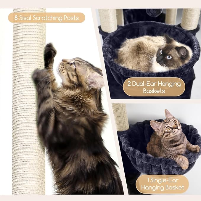Globlazer Extra Large Cat Tree Tower, 82in Tall Heavy Duty Cat Tree for Indoor Cats Large Adult Big Cat Tower with 8 Scratching Posts, 2 Cat Condos, 2 Padded Perches, 3 Hanging Baskets, S82, Dark Gray