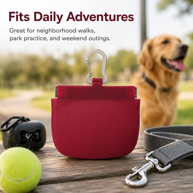 Silicone Dog Treat Pouch for Pet Training One-Hand Access One Cup Silicone Treat Bag with Pull Tab and Auto Closing Lid Treat Pouches for Leash(Color: Red)