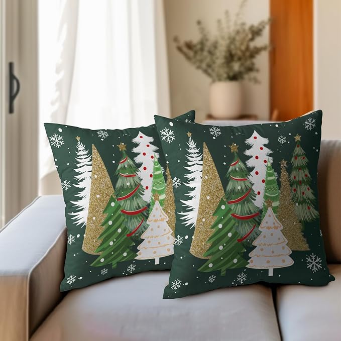 Kawani Christmas Tree Throw Pillow Covers 20x20 Inches Pack of 2 Gold Green Xmas Trees Cotton Linen Square Pillow Couch Sofa Cushion Case with Hidden Zipper for Winter Holiday Home Decor