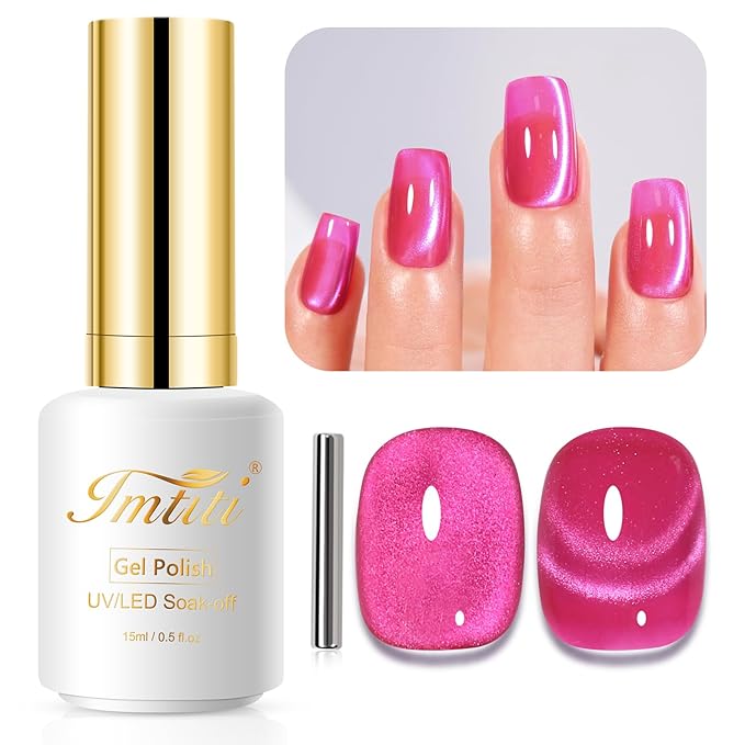 Imtiti Cat Eye Gel Nail Polish, 15ml Hot Pink Crystal Glitter, Magnetic, Holographic, UV LED Manicure Set