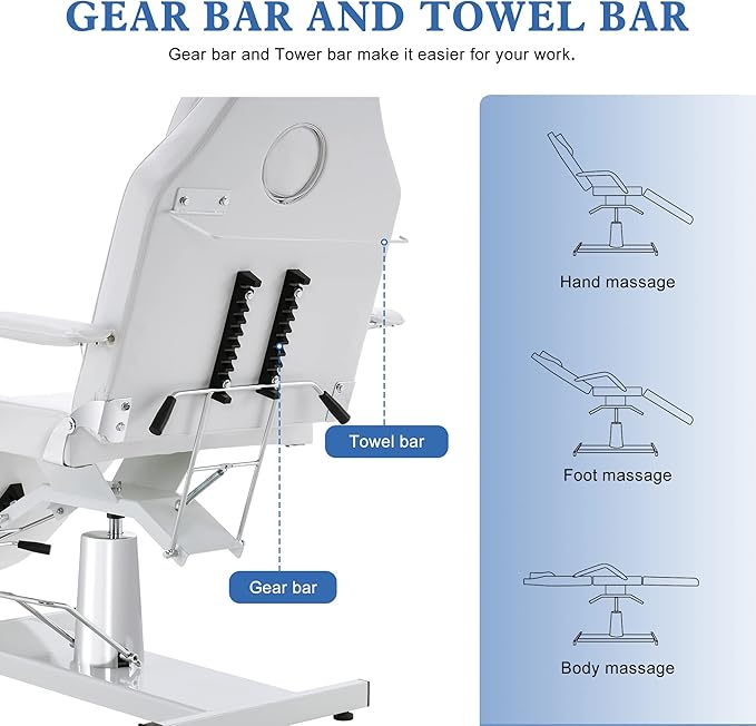 BarberPub Hydraulic Massage Bed Height Adjustable Tattoo SPA Chair Multi-Functional Facial Table Beauty Equipment for Salon 2753 (White)