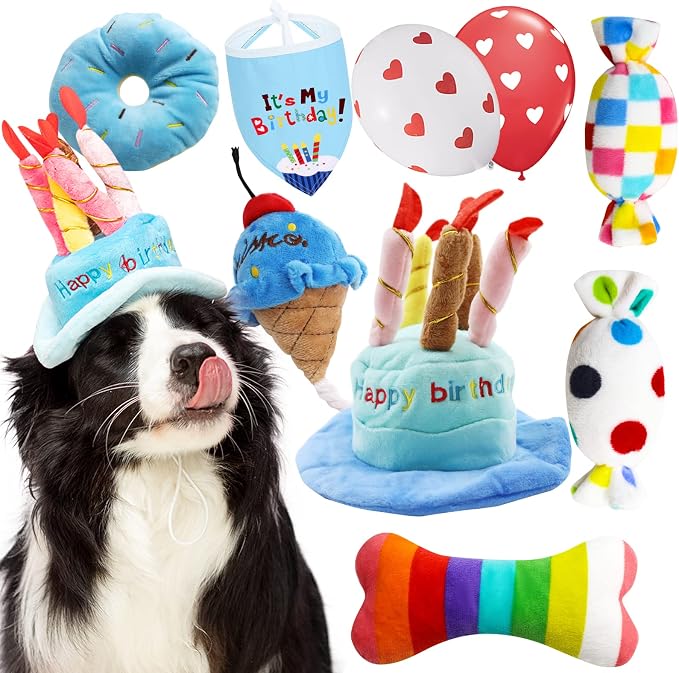 lilfrd 9Pcs Blue Dog Birthday Toy Set, Squeaky Hat Bandana Gift for Dogs
