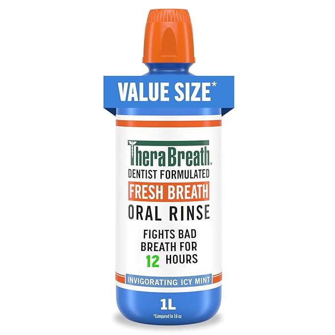 TheraBreath Fresh Breath Oral Rinse, Invigorating ICY Mint Flavor, Dentist Formulated and ADA-Accepted Mouthwash for Bad Breath pH-Balanced, Alcohol Free & Non-Burning, 1 Liter