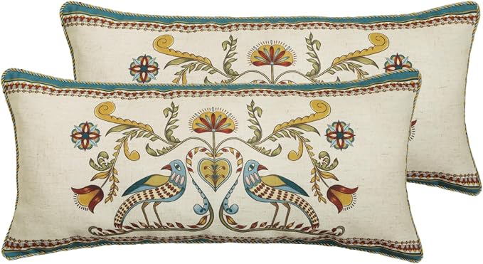patdrea French Vintage Linen Throw Pillow Cover,12"x28",Set of 2-Wensel C | Decorative Pillow Case,Bird and Floral Pattern,Cushion Coverfor Couch Living Room Bedroom Sofa
