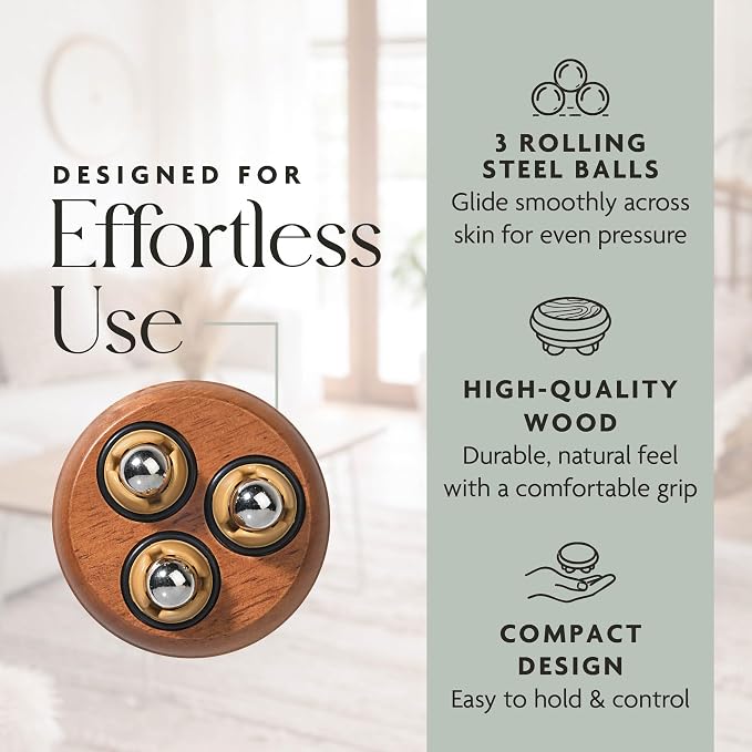 Gaiam Relax Handheld Massager – Portable Wood Massage Tool with 3 Free-Rolling Stainless Steel Balls for Sore Muscle, Tension & Blood Circulation Relief