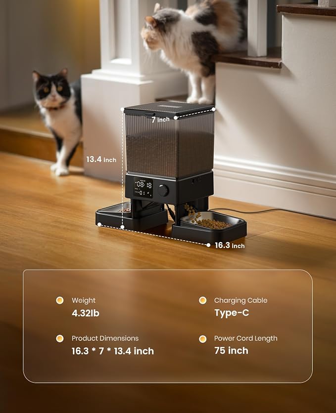 oneisall Automatic Cat Feeder for 2 Cats Pets, Timed Cat Food Dispenser | 20 Cups/5L, Prevent Fighting, Precise Portion, Balanced Dispense, Non-Slip & Stable, Voice Recorder, Stainless Steel Bowls