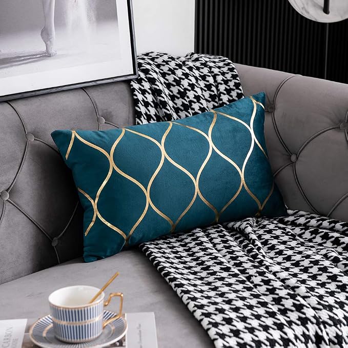 12x20 Inch Gold Velvet Throw Pillow Covers: 2 Pack Rectangular Decorative Pillow Cases for Bedroom Sofa Couch Living Room, Teal Christmas