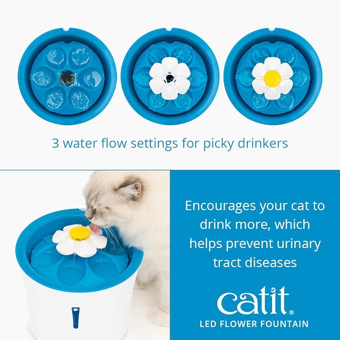 Catit LED Flower Fountain with Triple Action Filter, Cat Drinking Water Fountain, Blue, 3 L, 9.0 x 8.3 x 7.7 Inches(Pack of 6)