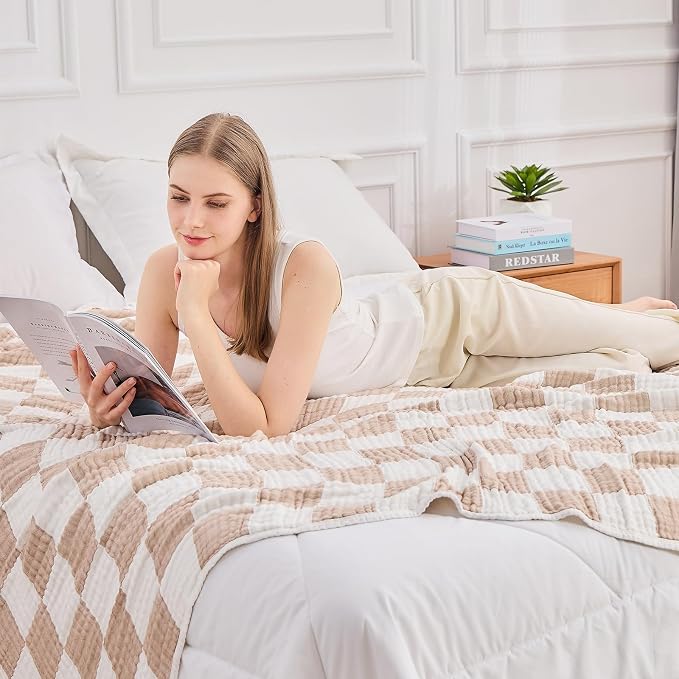 EMME Cooling Muslin Blanket for Adults - Checkered Lightweight Summer Cotton Throw Blankets of Rayon Derived from Bamboo for Hot Sleepers, Ultra Soft Breathable Gauze