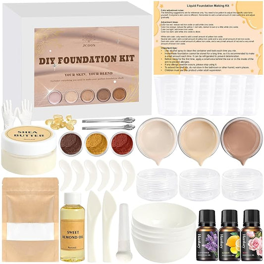 JCOOS DIY Foundation Making Kit, Liquid Foundation Makeup with Shea Butter, Almond Oil, Pigment Powders, Essential Oils to Make Your Own Color Matching Foundation, Concealer, Contour for All Skin Tone