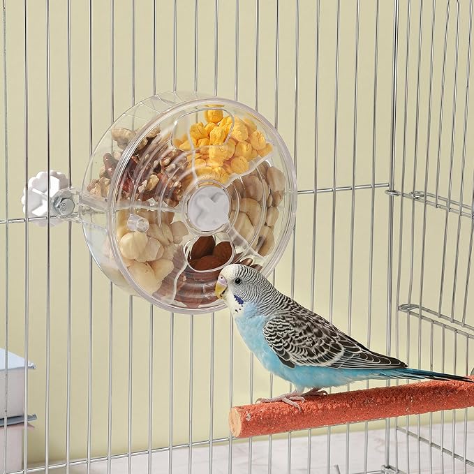 Bird Foraging Toy Interactive Slow Feeder with Rotating Treat Wheel Creative Enrichment Puzzle for Small & Medium Parrots Cockatiel Parakeet Conure - Clear