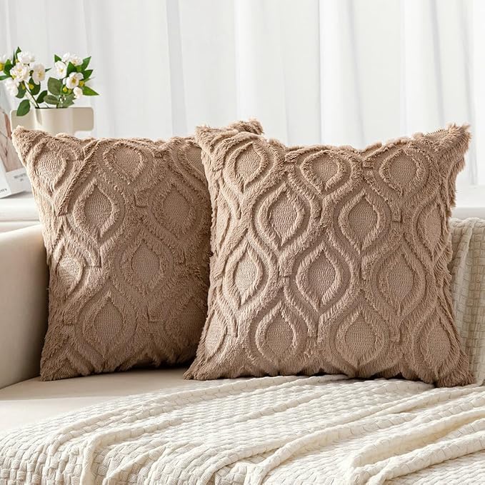 MIULEE Light Brown Soft Plush Faux Wool Throw Pillow Covers 16x16 | Set of 2, Farmhouse Boho Home Decor, Decorative Cushion Covers for Sofa, Living Room, Bed