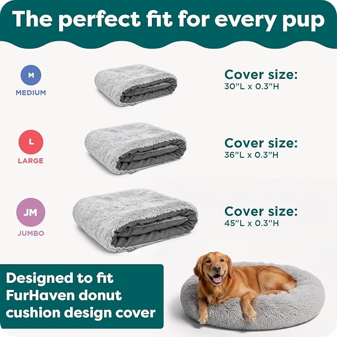 FurHaven Replacement Dog Bed Cover, Long Faux Fur for Calming Cuddlers, Machine Washable, Customizable Filling, Large, Faux Fur, Misty Gray