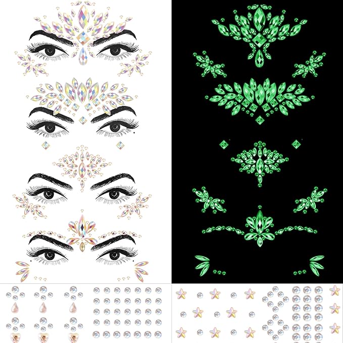 Erythem Face Gems for Women 6 Sheets Face Jewels Stick On Self Adhesive Rhinestones Stickers for Makeup Music Festival Rave Party (4Luminous)