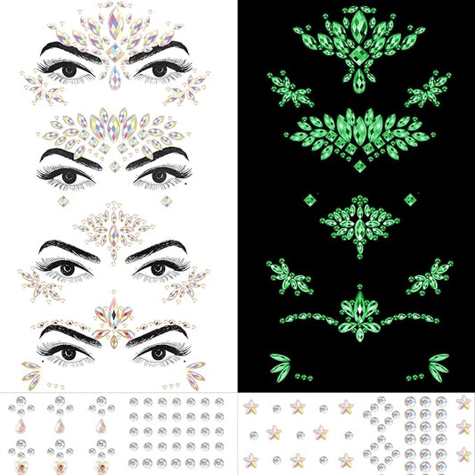 Erythem Face Gems for Women 6 Sheets Face Jewels Stick On Self Adhesive Rhinestones Stickers for Makeup Music Festival Rave Party (4Luminous)