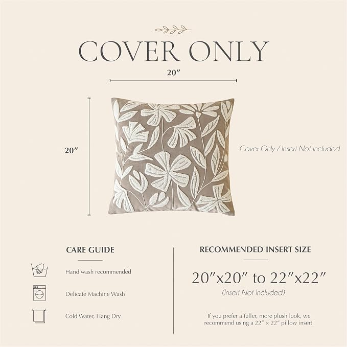 Decorative Throw Pillow Cover 20x20, Light Taupe Velvet Accent Cushion Cover for Couch Sofa Living Room, Floral Tufted Square Pillowcase (Cover Only)
