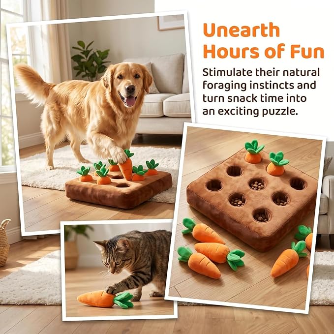 Carrot Dog Toy - Interactive Foraging Puzzle, Treat Hiding Plush Mat, Mental Stimulation Slow Feeder Enrichment Toy for Small Medium Dogs & Cats, Machine Washable