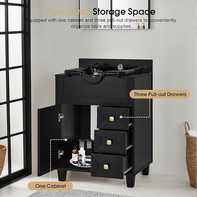 BarberPub Barber Storage Shampoo Station, Spa Textured Embossed Cabinet with Shampoo bowl & Drawers, Hair Salon Sink Backwash Equipment 7131 (Black)