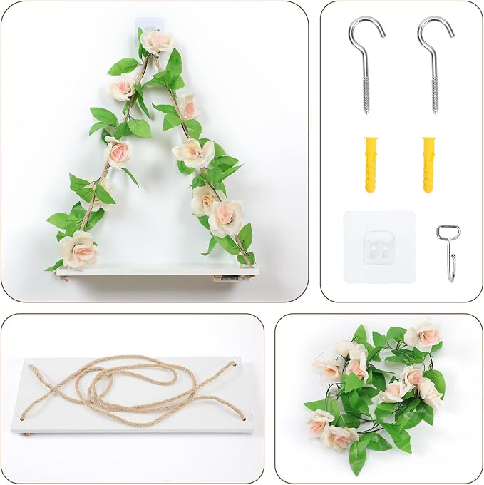 Floating Shelves for Wall,Hanging Shelves,Room Decor,Wall Decor,Boho Decor | Floating Shelves No Drill,Trinket Shelf,Cottage Core Wall Decor,2-Pack Shelf Set Includes Artificial Pink Rose & LED Lights