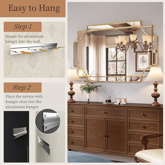Kelly Miller 32"x48" Gold Foil Scalloped Edge Decorative Vanity Wall Mirror | Hand-Applied Gold Foil Finish. HD Mirror With French Cleat. Elegant Beveled Wall Mirror Decor For Bathroom Bedroom Entryway.