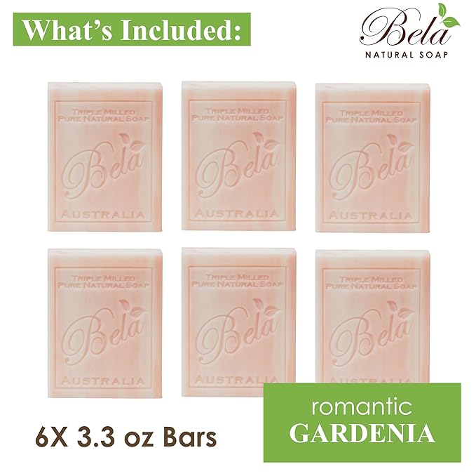 BELA Romantic Gardenia Soap 3.3 OZ Pack of 6, Long Lasting French Triple Milled Bar Soap with Organic Shea Butter Hand, Face and Body Wash Bar, Made in Australia
