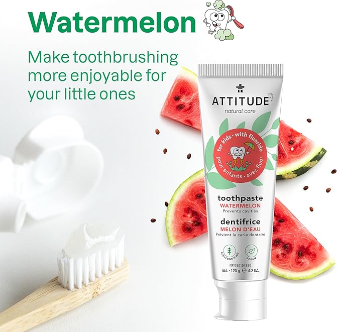 ATTITUDE Toothpaste with Fluoride, Prevents Tooth Decay and Cavities, Vegan, Cruelty-Free and Sugar-Free, Watermelon, 4.2 Oz (Pack of 4)