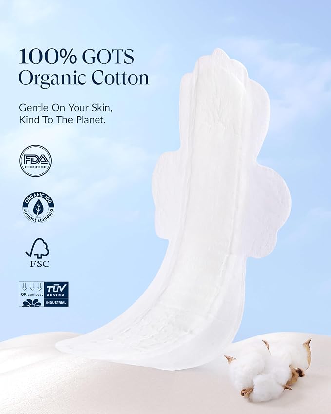 RPE Life 100% GOTS Organic Cotton Overnight Pads, Size 5, 12 Count | Size 5 overnight pads with wings; ultra thin, breathable, unscented protection for heavy flow and nighttime use.