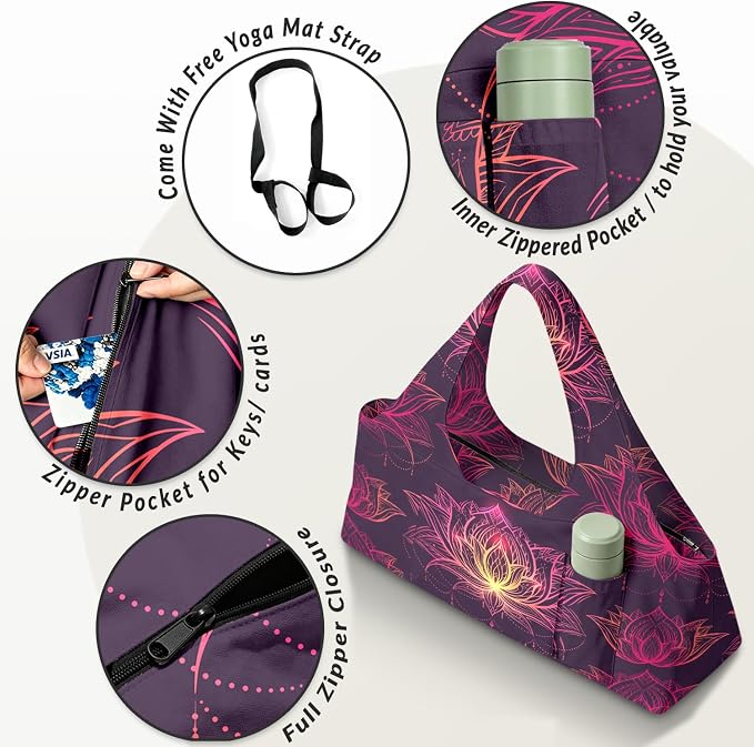 Women's Yoga Bag with Yoga Mat Carrier - Large Mat Pocket Fitness Tote for Pilates, Gym, Travel, Office & Beach