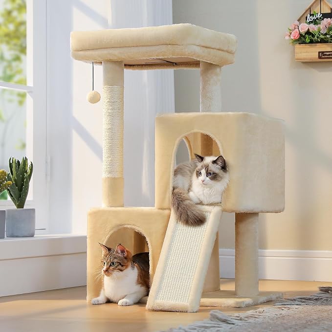 PAWZ Road Cat Tree, 35" Cat Tower with Dual Condos for Indoor Cats, Beige | cat tree tower with enlarged perch, scratching ramp, dual condos and large base for small & adult cats