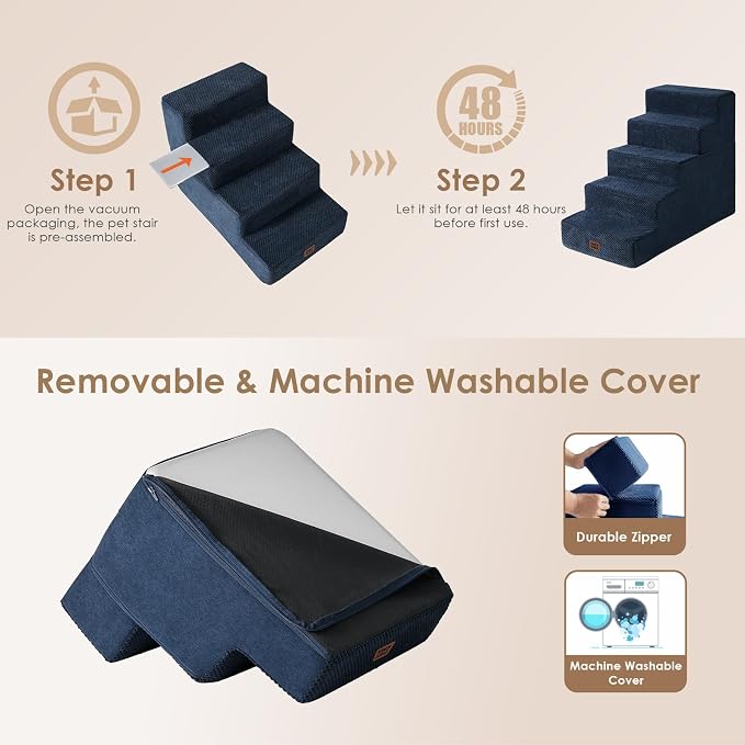 EHEYCIGA Dog Stairs for High Bed 22.5" H, 5-Step Dog Steps, Navy | Pet Steps for Small Dogs and Cats for Bed, Non-Slip Balanced Pet Ramp Indoor