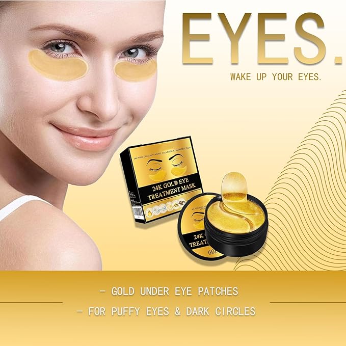 24K Gold Collagen Under Eye Patches – Hydrogel Masks for Dark Circles, Puffiness & Wrinkles – Brightening Anti-Aging Eye Gels, Moisturizing for All Skin (60 Pairs)