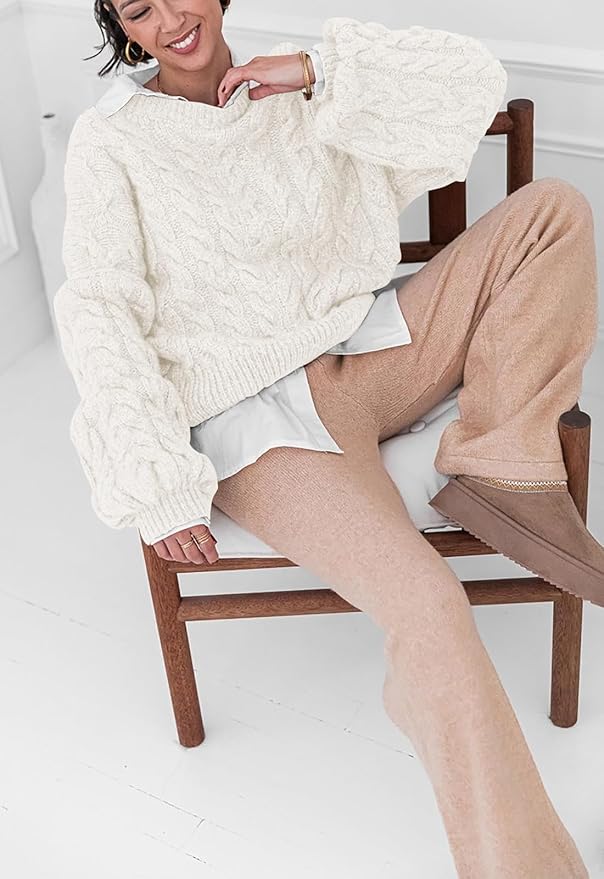 PRETTYGARDEN Womens Sweaters Spring 2026 Cable Knit Long Sleeve Crewneck Oversized Sweater Chunky Pullover Loose Outfits