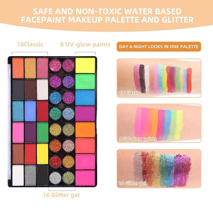 Face Painting Kit for Kids with Book,Stencils,Brushes,Non Toxic Water Activated Face Paint Palette For Halloween,Carnival,Party Costume Makeup Any Creative Activity with Kids (42 Colors)