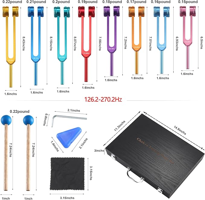 Chakra Tuning Forks Set with Hammer - 7 Chakra and 1 Soul Purpose Weighted Tuning Forks for Healing, Sound Therapy & Meditation,DNA Repair,Energy Cleansing in Exquisite Aluminum Gift Box