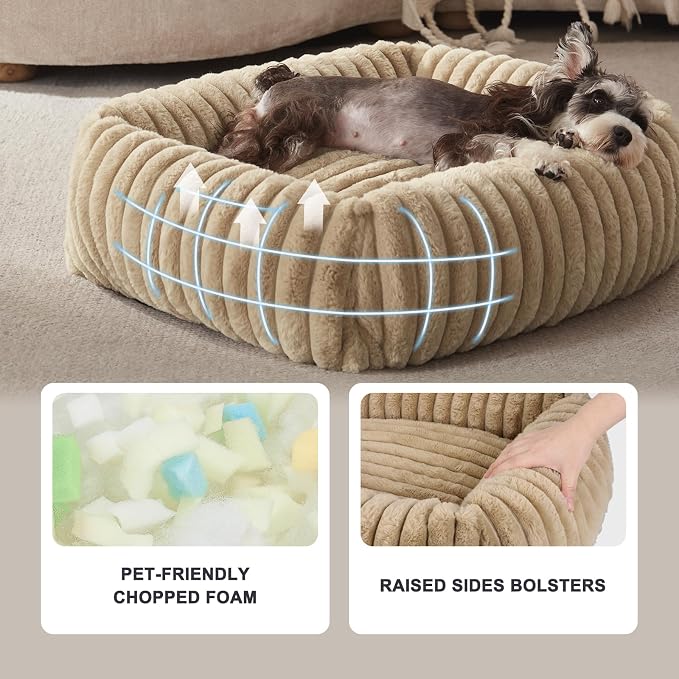 FURTIME Dog Bed for Small Medium Dog, Washable Orthopedic Pet Bed with Removable Cover, Rectangle Soft Calming Sleeping Puppy Bed Durable Pet Cuddler with Anti-Slip Bottom, Beige, M (25"x21"x7")