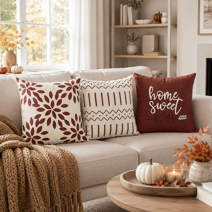 YCOLL Rust Linen Pillow Covers 20x20 Set of 4, Home Sweet Home Farmhouse Throw Pillow Covers, Holiday Decorative Cushion Covers for Sofa Couch Bed, Autumn Rustic Fall Decor