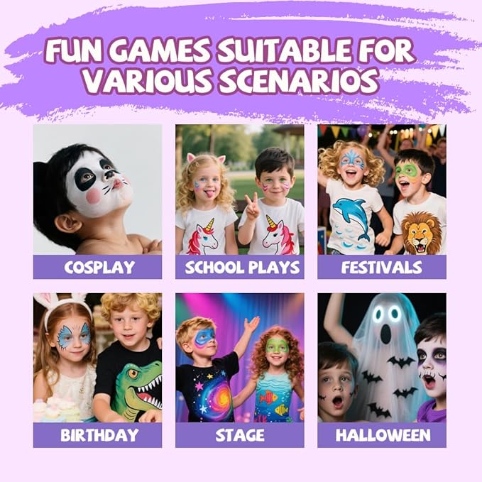 Face Painting Kit for Kids, 40 Colors Non-Toxic Water Activated Face Paint Palette, Facepaint Makeup Kit with Stencils, Brushes, Gems,for Halloween,Christmas, Birthday Parties, Carnival, School Event